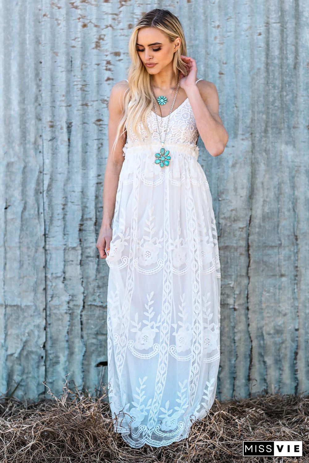 White Contrast Lace Backless Spaghetti Strap Maxi Dress