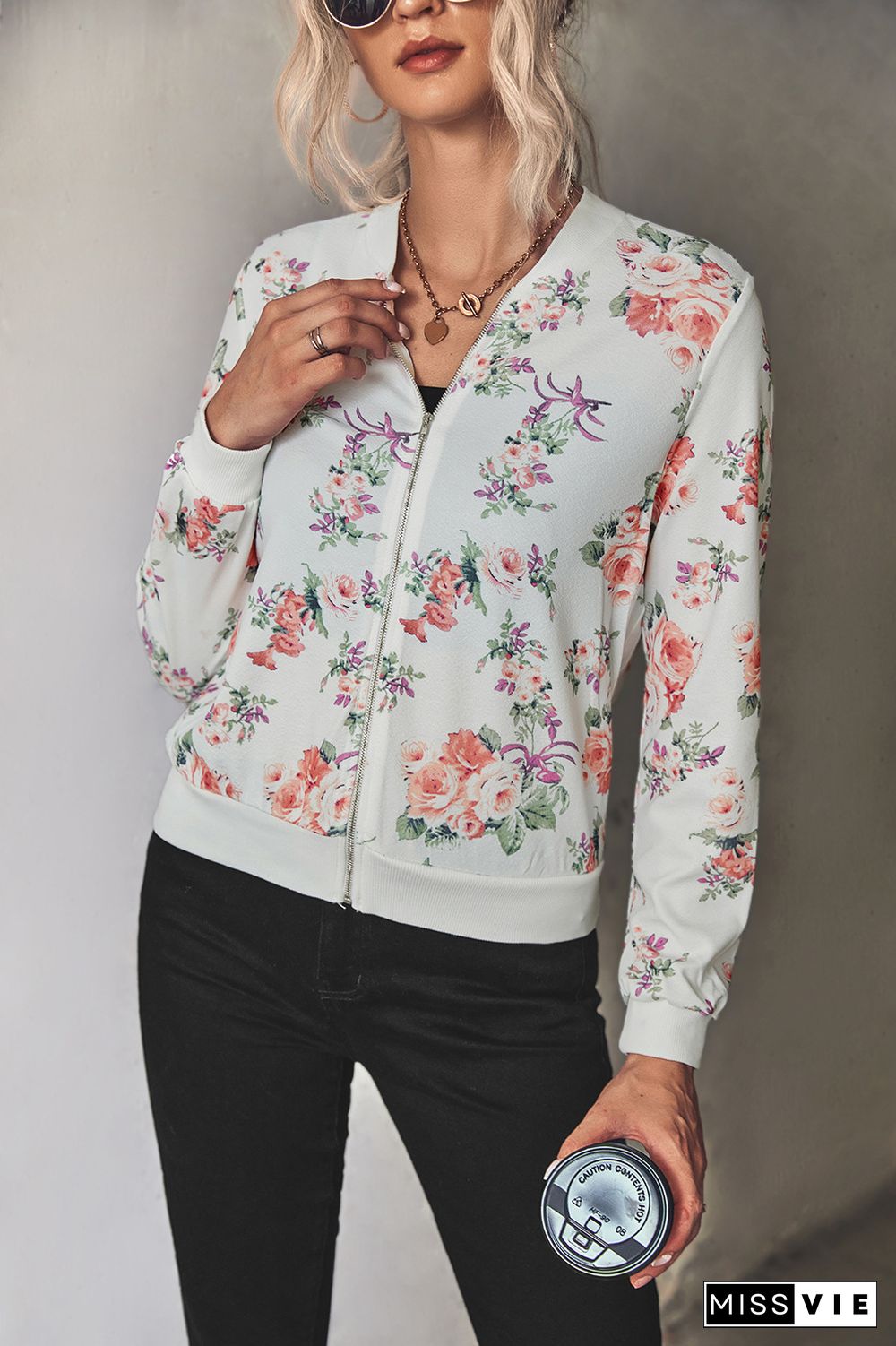 Front Open Zipper Floral Print Jackets