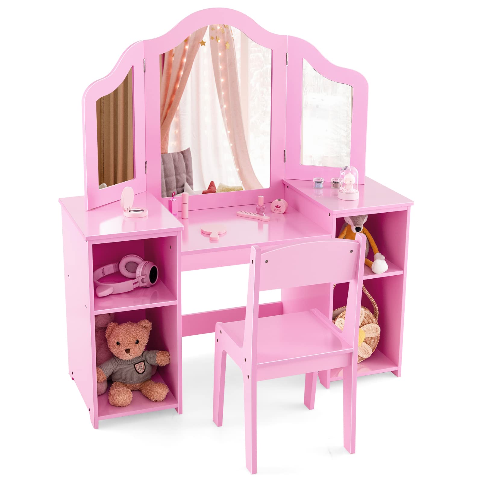 Costzon Kids Vanity Set, 2 in 1 Princess Makeup Dressing Table with Detachable Tri-Folding Mirror