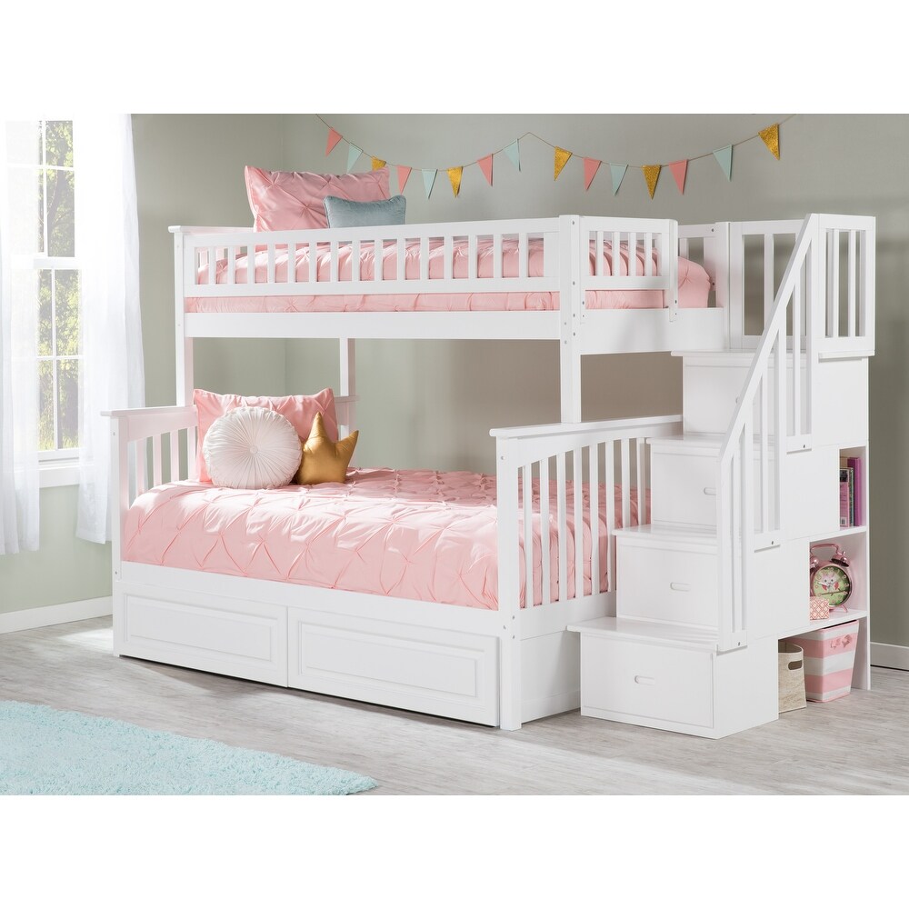 Columbia Staircase Bunk Bed Twin over Full with 2 Drawers in White