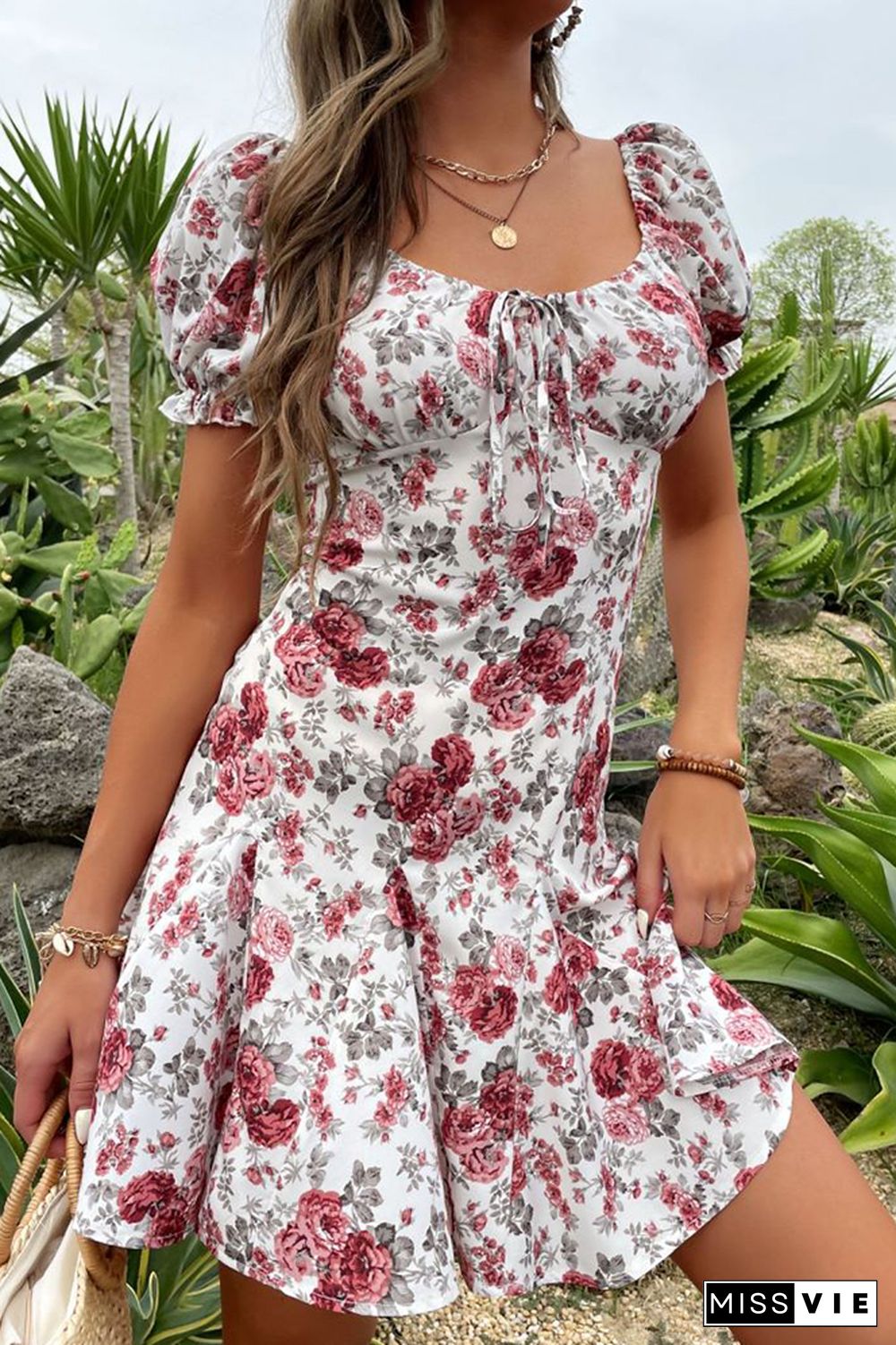 White And Red Floral Print Mini Dress Wholesale