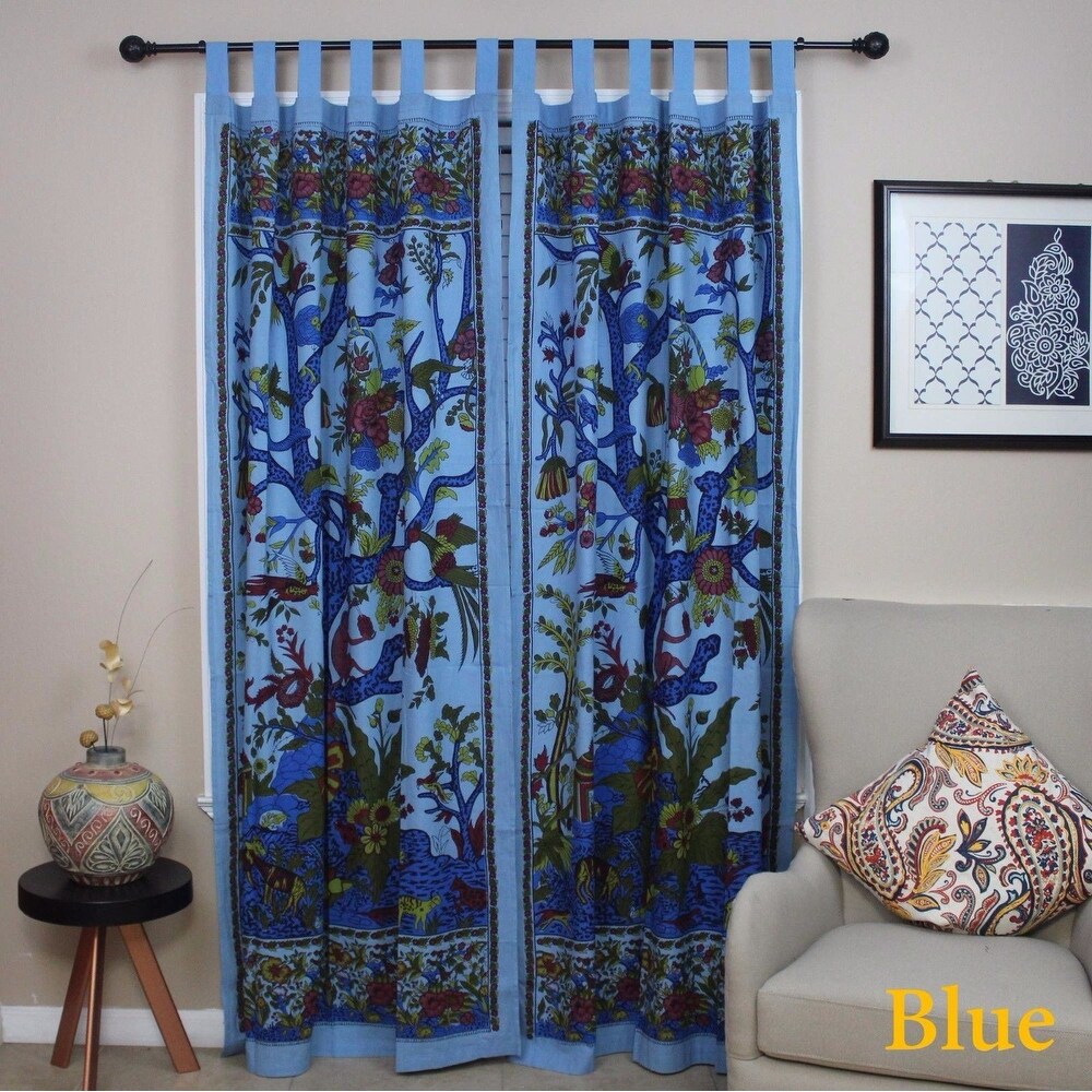 Handmade Cotton Tree of Life Tab Top Curtain Drape Panel   44 x 88 inches