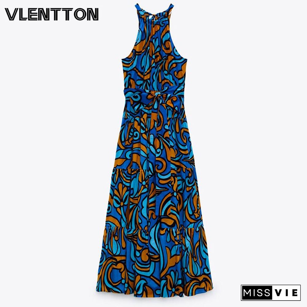 New Summer Women Vintage Print Sleeveless Boho Dress Casual O-Neck A-Line Elegant Beach Midi Dresses Ladies Vestido Robe Mujer