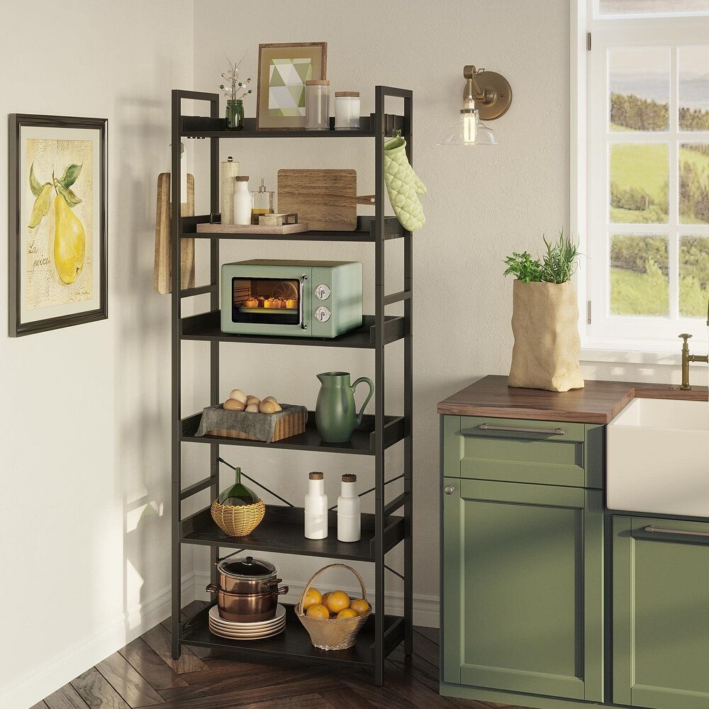 Bookshelf 6 Tier with 4 Hooks  Industrial Bookcase  Vintage Storage Rack with Open Shelves for Living Room  Bedroom