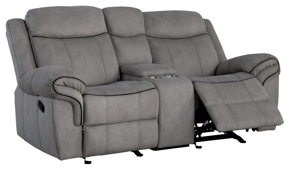 Fabric Upholstered Metal Reclining Loveseat With Center Console  Gray   Transitional   Loveseats   by Homesquare  Houzz