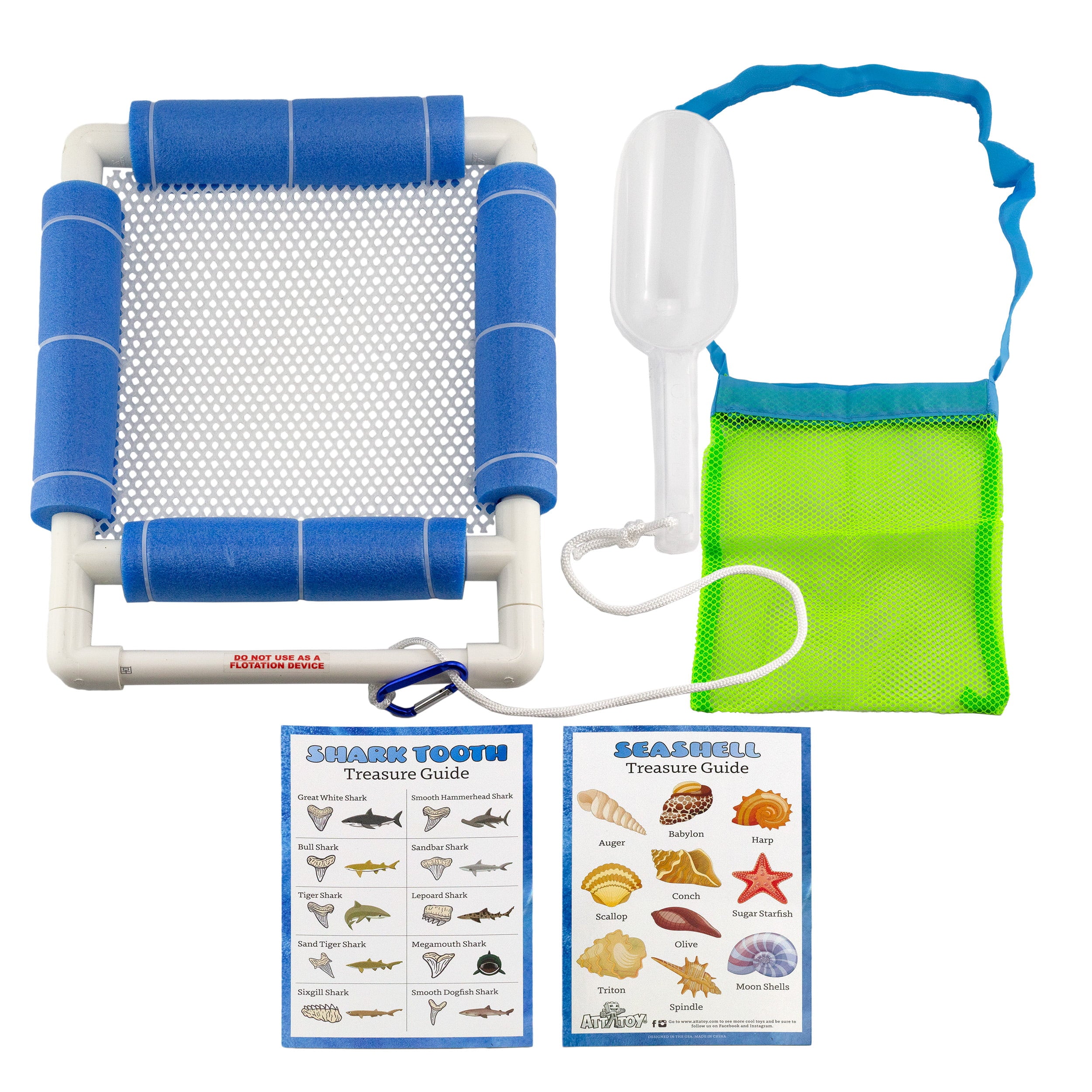 Attatoy Shark Tooth Sand Sifter Set; Beach Fun Play Set w/ Mesh Screen, Scoop, Clip, Bag and Treasure Hunt Guide