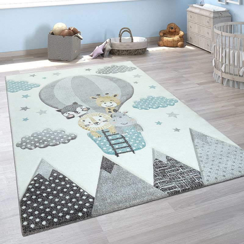 Nursery Rug for Kids Cute Animals on a Hot Air Balloon in Cream Blue