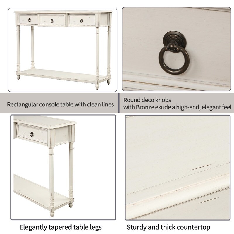 Rustic Solid Wood Console Table with Projecting Drawers and Long Shelf