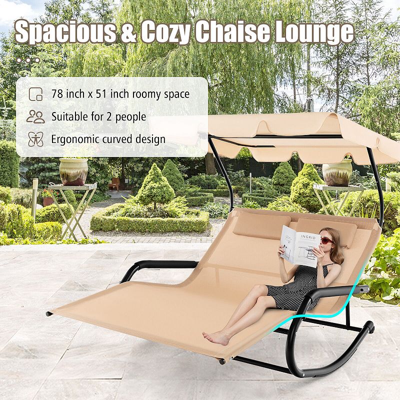 Outdoor 2 Persons Rocking Chaise Lounge with Canopy and Wheels-Beige