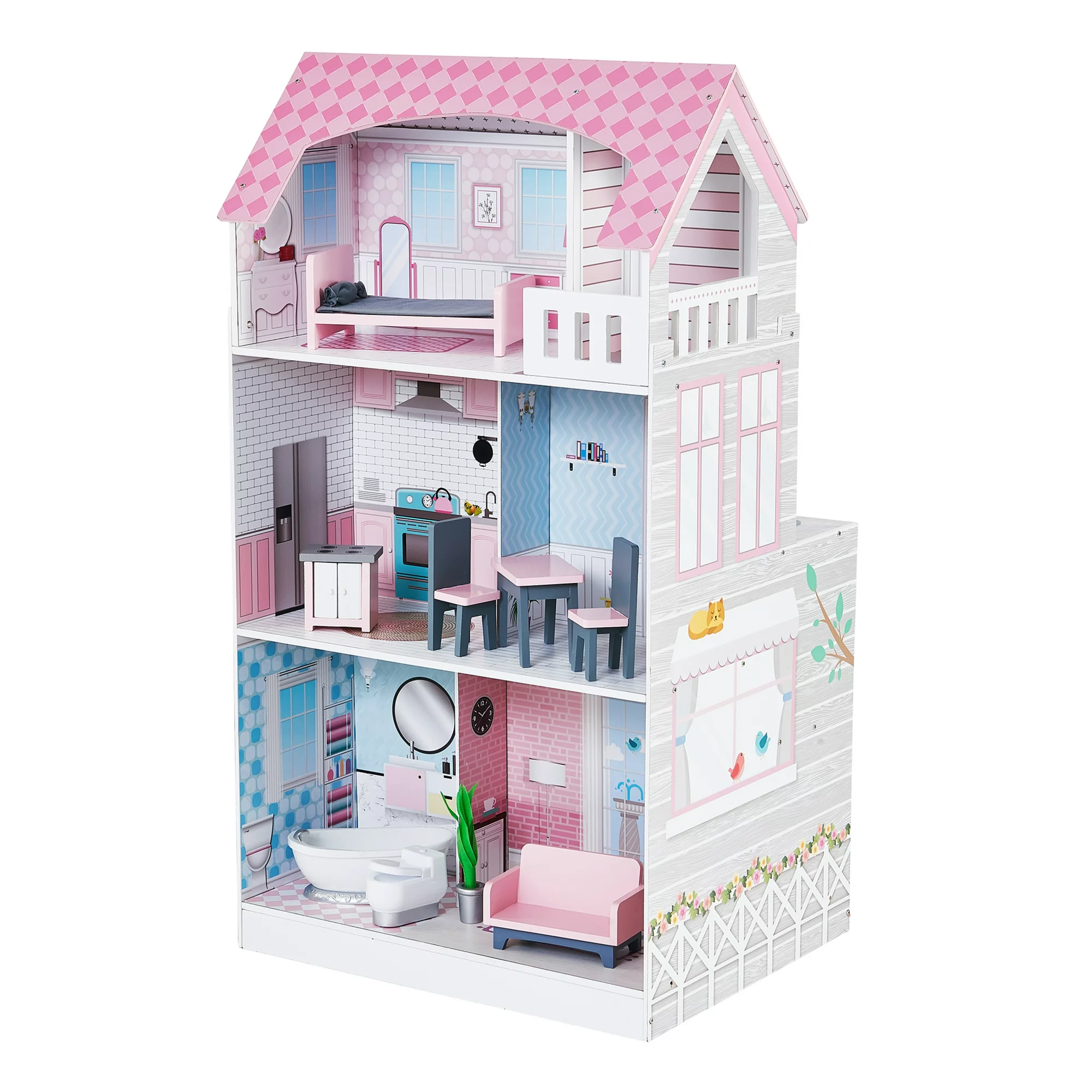 Teamson Kids Wonderland Ariel 2 in 1 Doll House and Play Kitchen， Pink/Grey