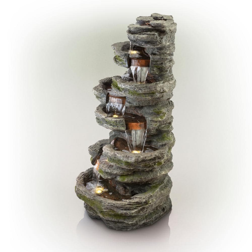 Alpine Corporation 58 in. Tall Outdoor 8-Tier Rainforest Rock Water Fountain with LED Lights WIN1146