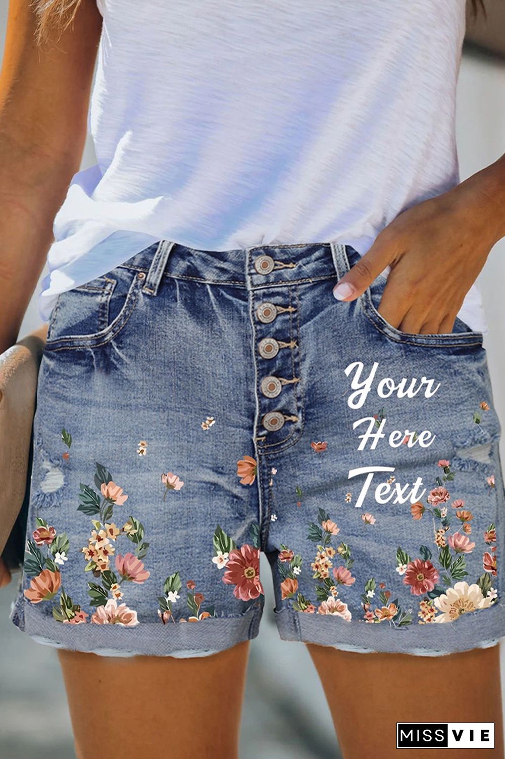 Flower Print Button Down Jean Shorts Wholesale