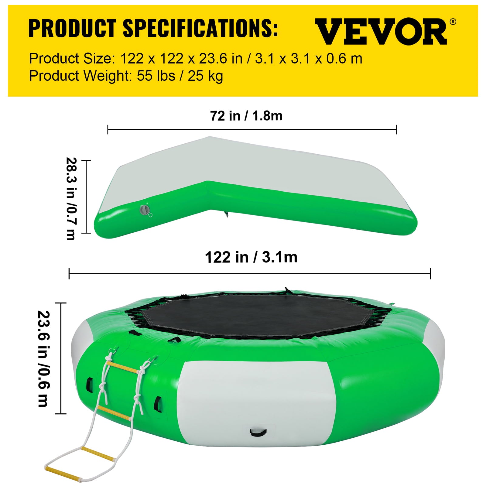 VEVORbrand Inflatable Water Trampoline 10ft ， Round Inflatable Water Bouncer with Yellow Slide and 4-Step Ladder， Water Trampoline in Green and White for Water Sports