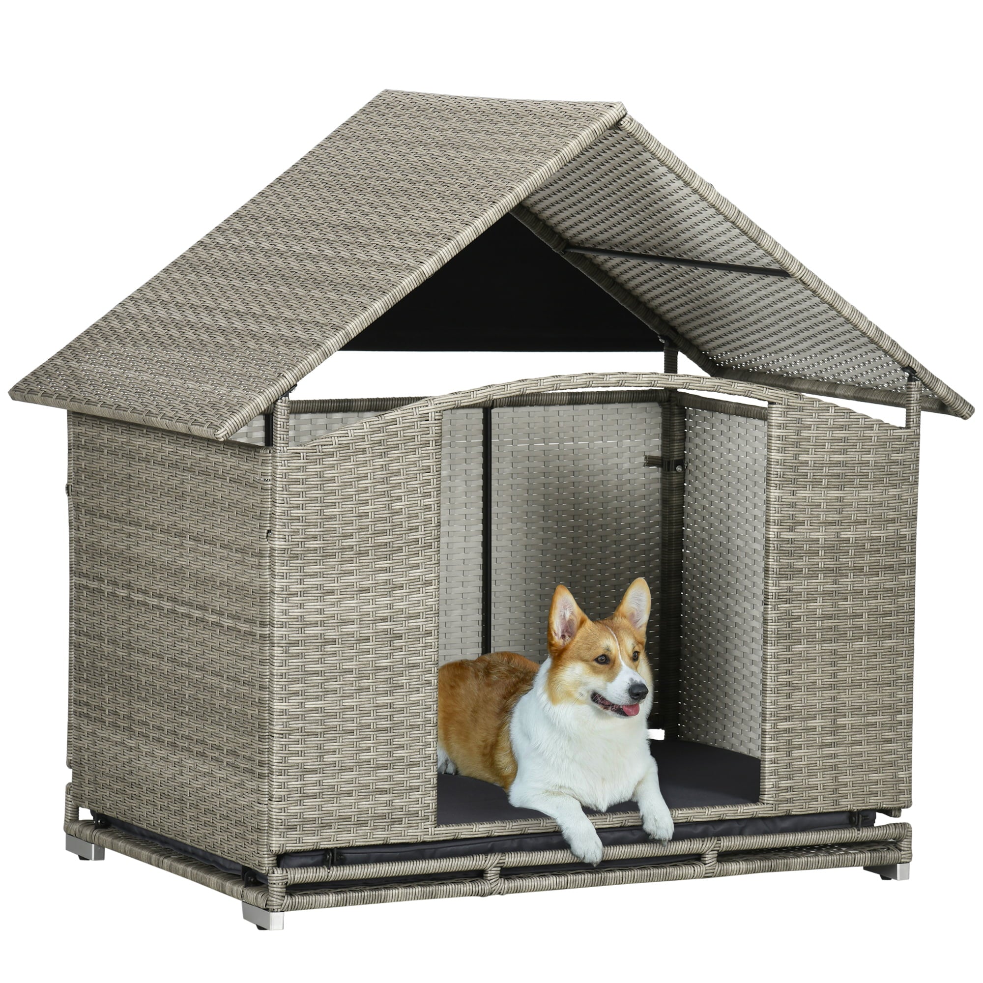 PawHut Wicker Dog House w/ Shade Canopy Soft Cushion for Small Medium Dogs