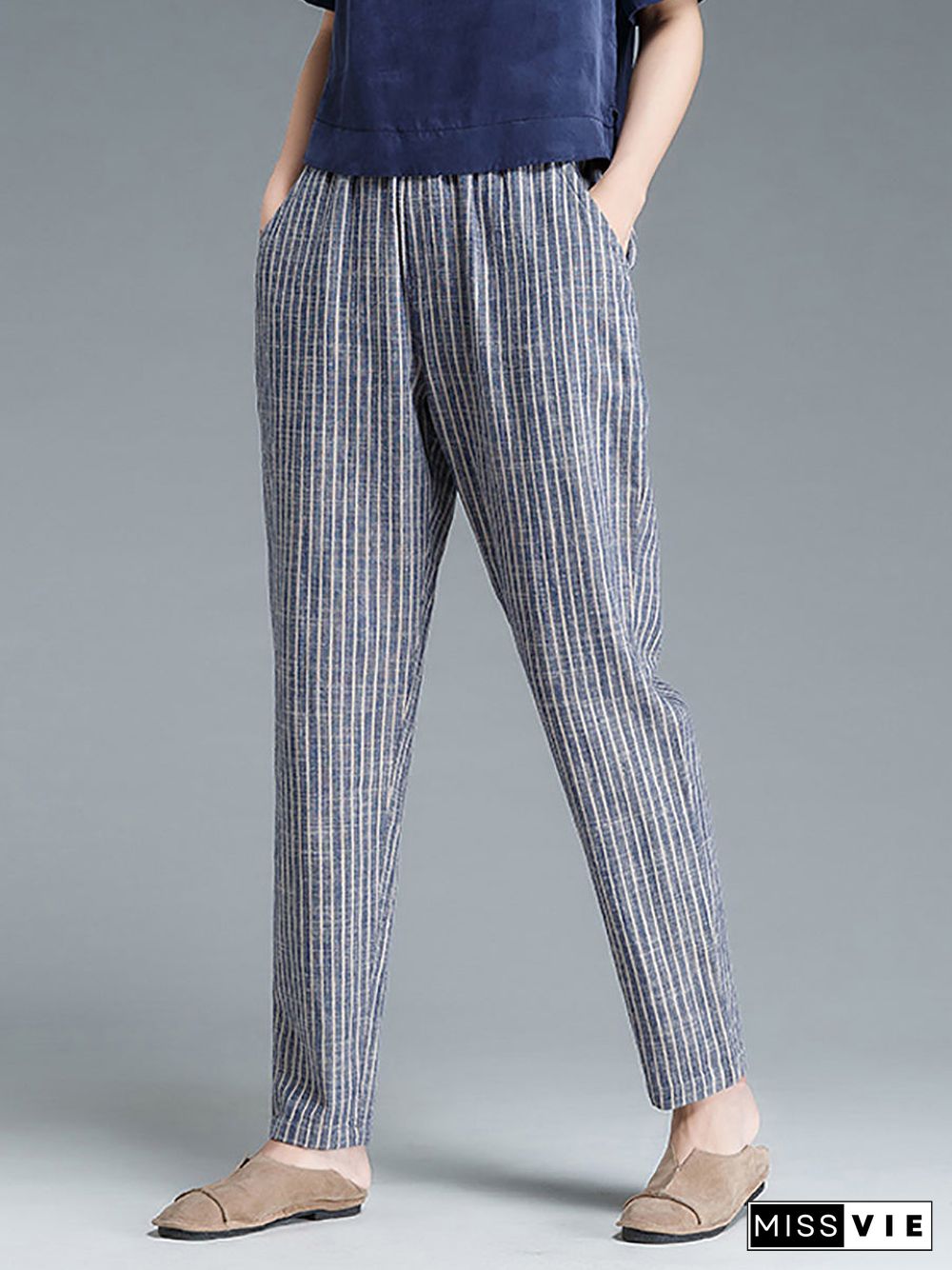 Plus Size Buykud Stripe Cotton Linen Women Pants