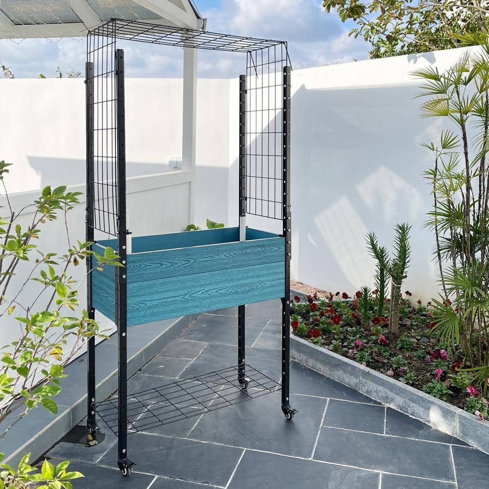 EverBloom Self-Watering 18 in. D x 72 in. H x 36 in. W Blue Composite Mobile Elevated Plante with Arch Trellis and UnderShelf K2302