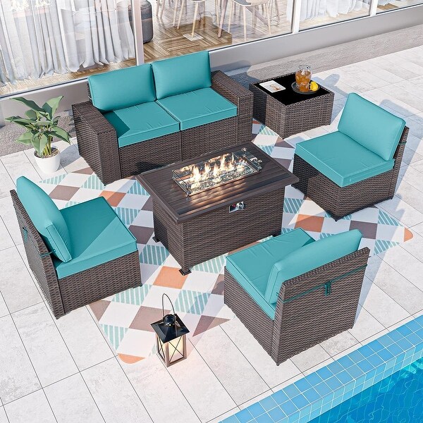 Kullavik 7 Pieces Rattan Outdoor Patio Furniture Sofa Set with Firepit