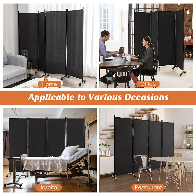 4-Panel Folding Room Divider 6 Feet Rolling Privacy Screen with Lockable Wheels