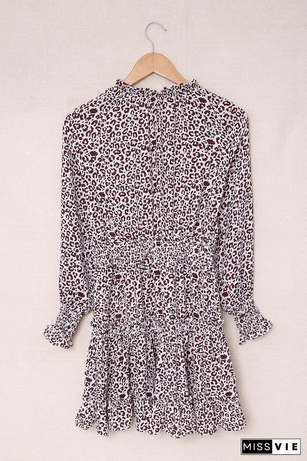 Leopard V Neck Long Sleeve Tie Waist Mini Dress