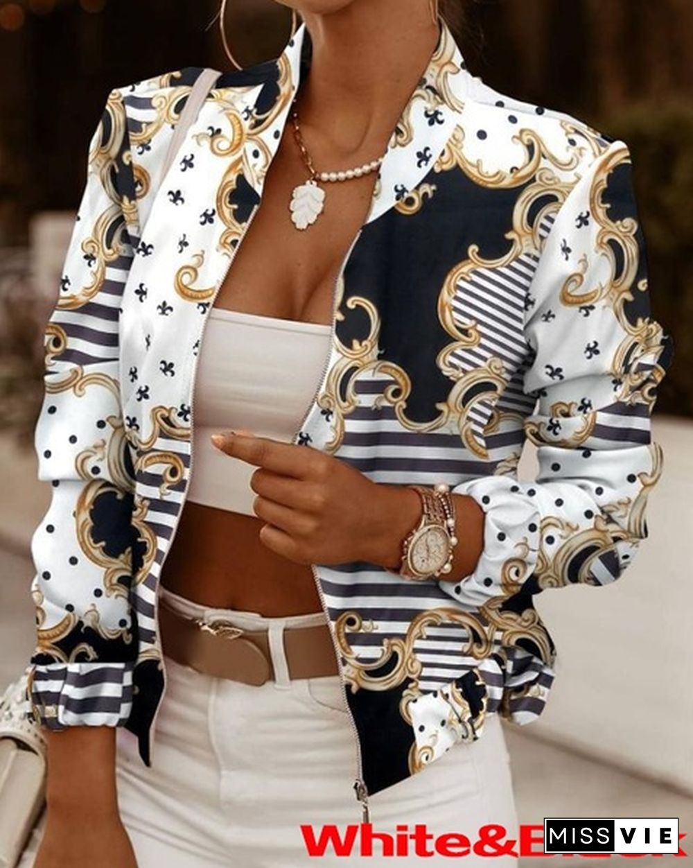 New Women's Casual Jacket Fashion Long sleeves Short Coat Slim Small Suit Loose Zipper Print Stand Collar Baseball Uniform