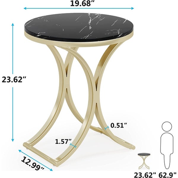 Small Modern Round Side Table End Table Nightstand with Gold Metal Frame and Faux Marble Veneer Engineered Wood for Living Room