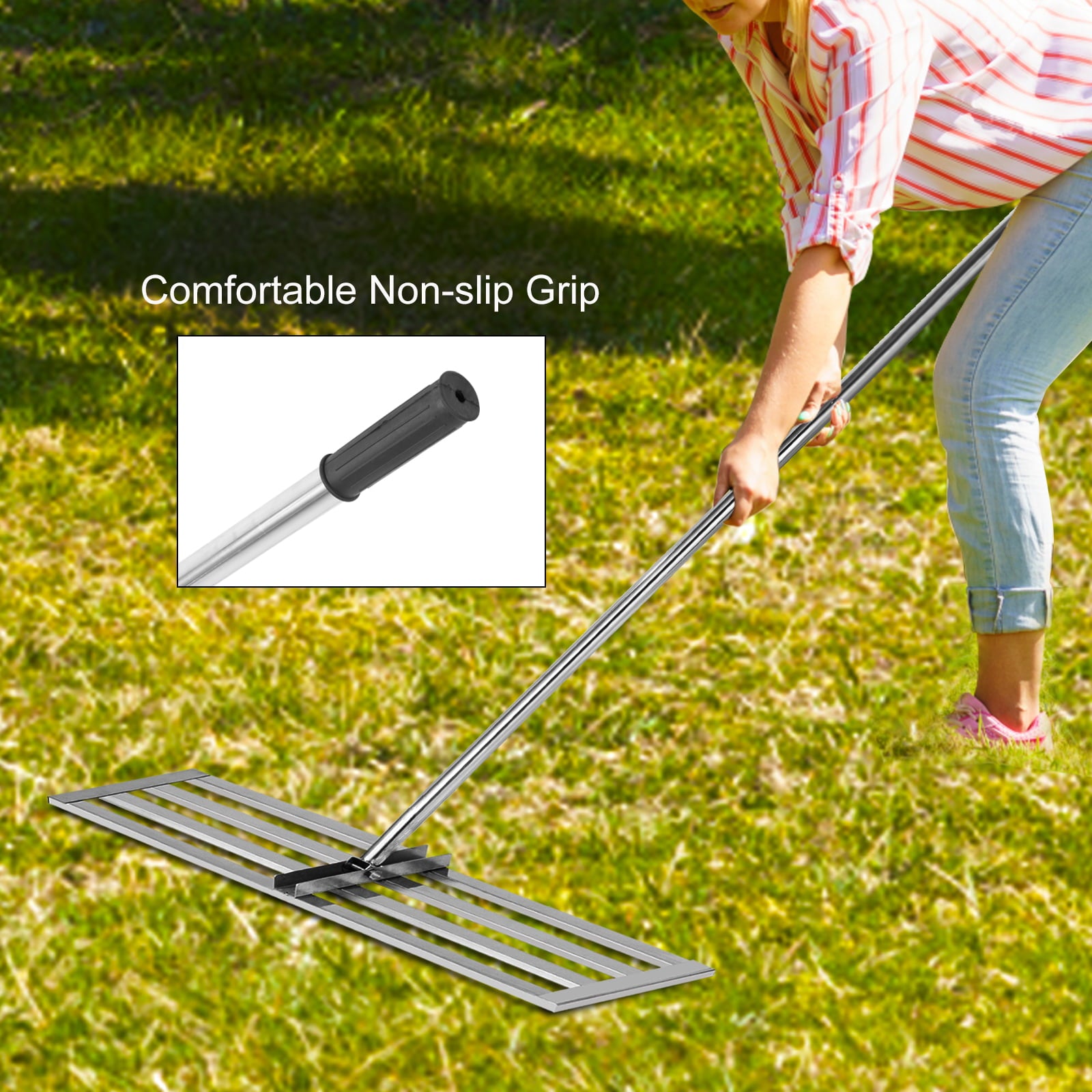 VEVOR Lawn Leveling Rake 30 x 10in Stainless Steel Lawn Leveler Tool with 77 in Handle Sand Gravel Leveler rake for Yard Garden Ground and Golf Lawn