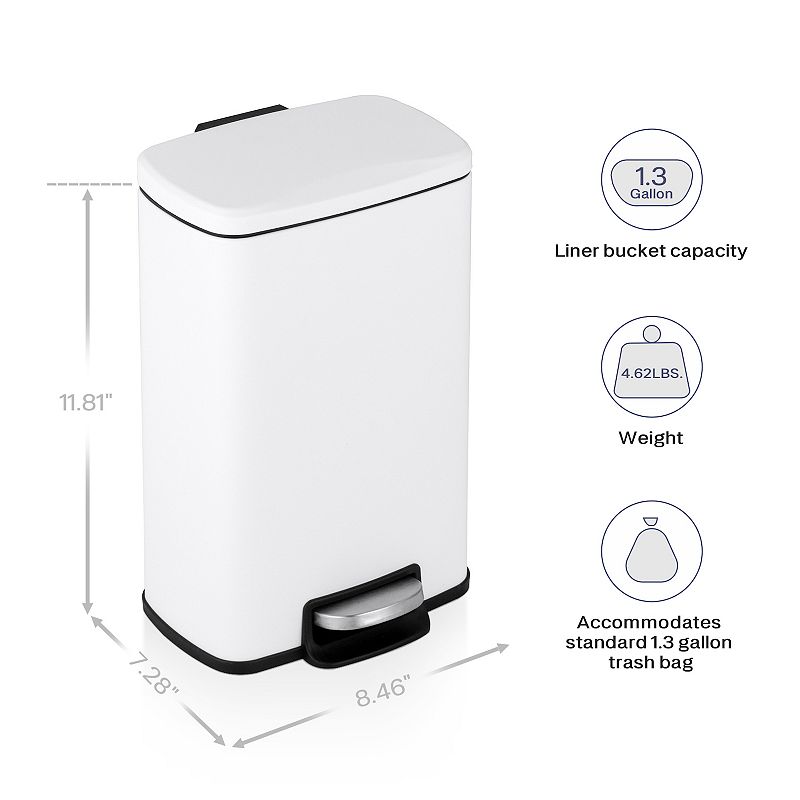 1.3 Gal./5 Liter Rectangular Matt White Step-on Trash Can for Bathroom and Office