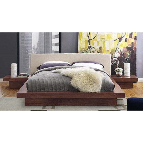 Halper Modern Queen Size Walnut Wooden Bed with Beige Fabric Upholstered Headboard and Two Nightstands - - 35892794