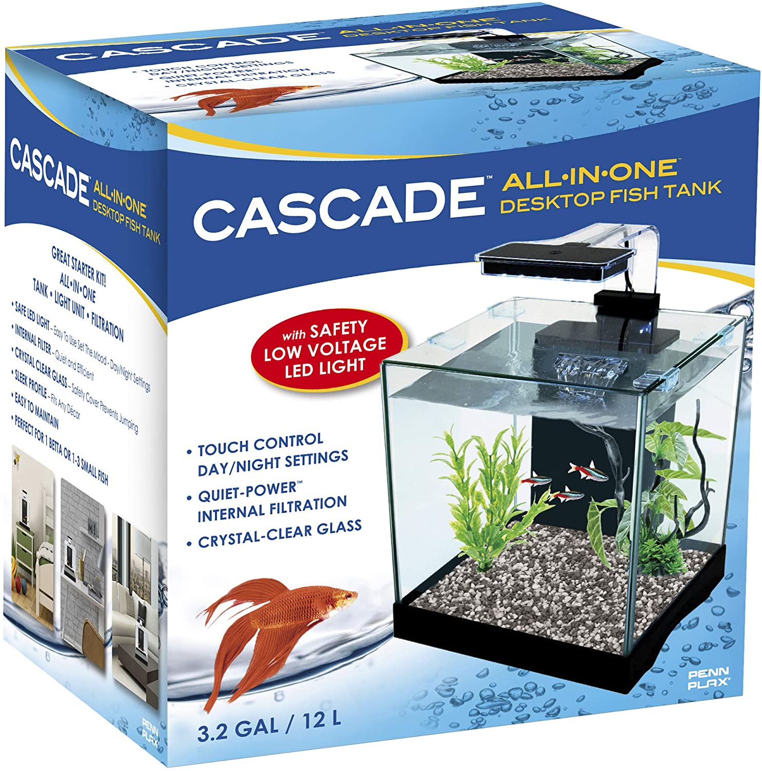 Penn-Plax Cascade Desktop Aquarium Kit Small and Tight Spaces 3.2 Gallons