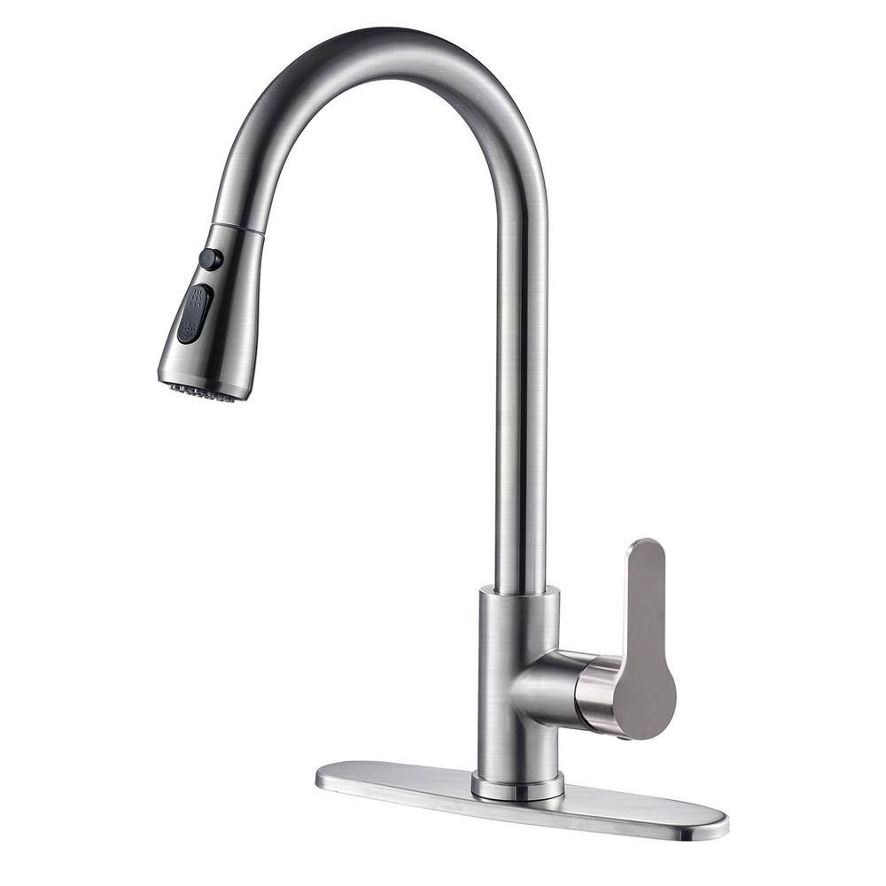 Zalerock Pause Mode Single Handle Pull Down Sprayer Kitchen Faucet with Deck Plate Included in Brushed Nickel HLTST042