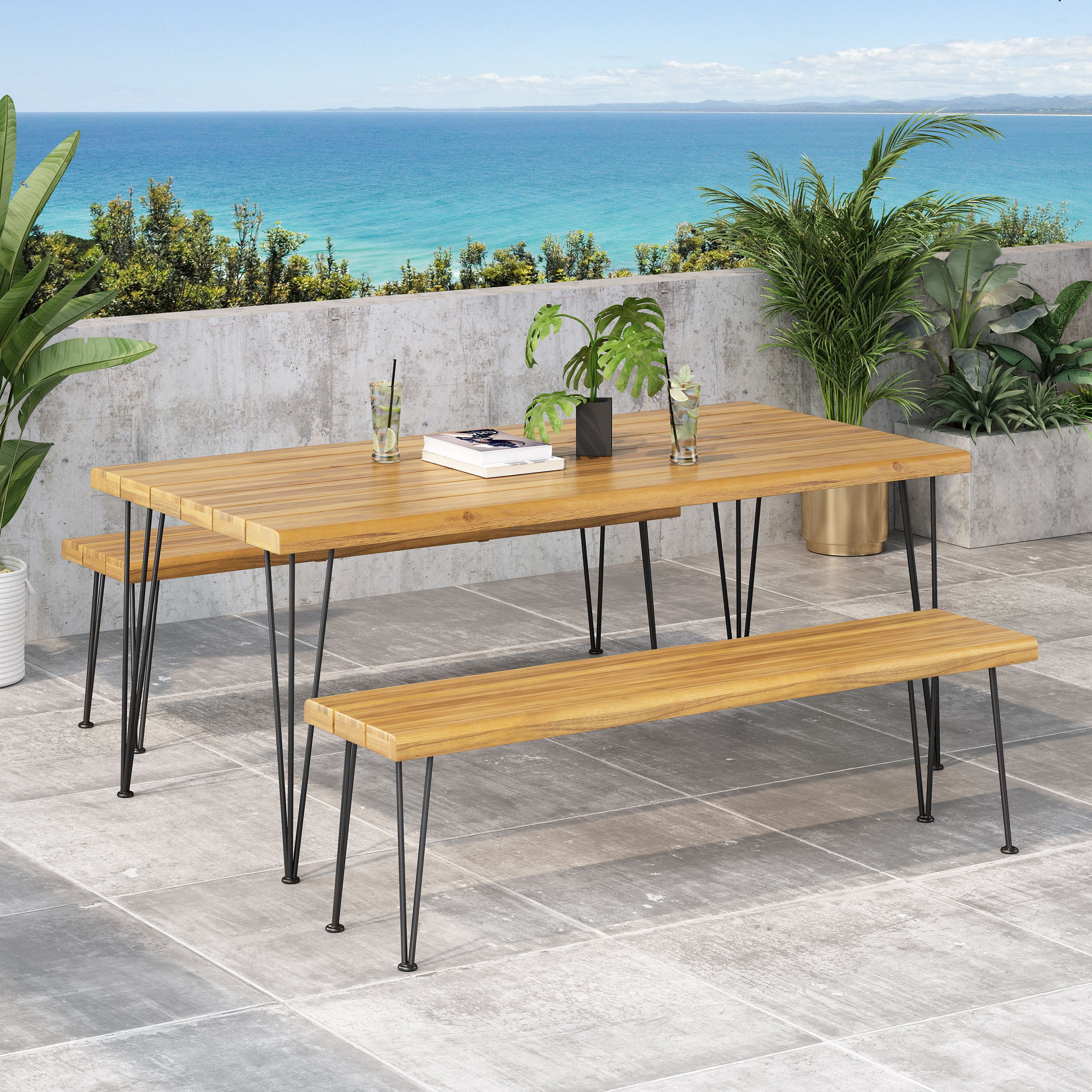 Zephyra Outdoor Modern Industrial 3 Piece Acacia Wood Picnic Dining Set with Metal Hairpin Legs