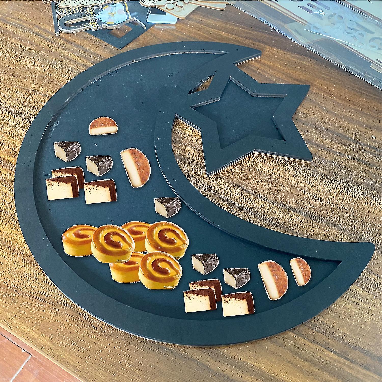 Eid Ramadan Serving Tray with Moon and Star Rustic Wooden Crescent Party Food Serving Tableware Display Holder Festival Decor