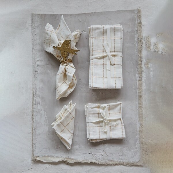 Cotton Napkins with Grid Pattern and Metallic Thread