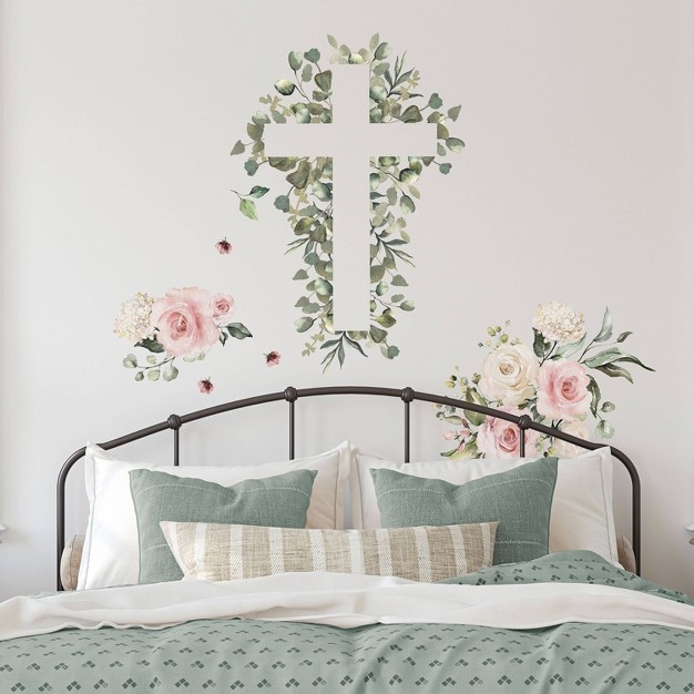 Watercolor Floral Cross Giant Peel And Stick Wall Decal Pink Roommates