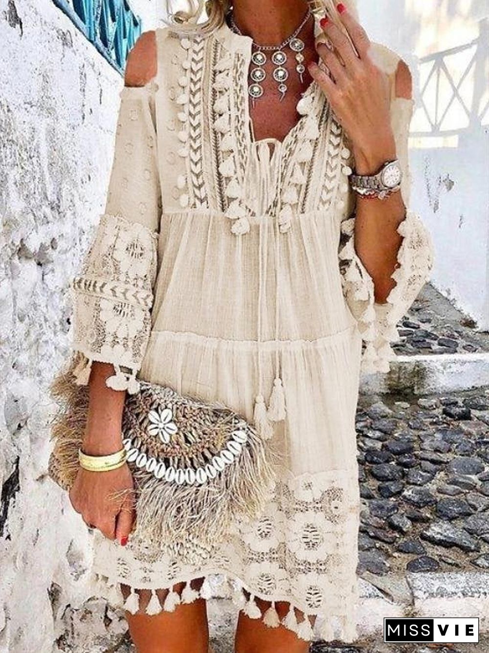 Women's Shift Dress Short Mini Dress - 3/4 Length Sleeve Tassel Fringe Lace Cold Shoulder Summer Hot Casual Boho vacation dresses White Blue Yellow Beige Light Blue S M L XL XXL 3XL-0208808