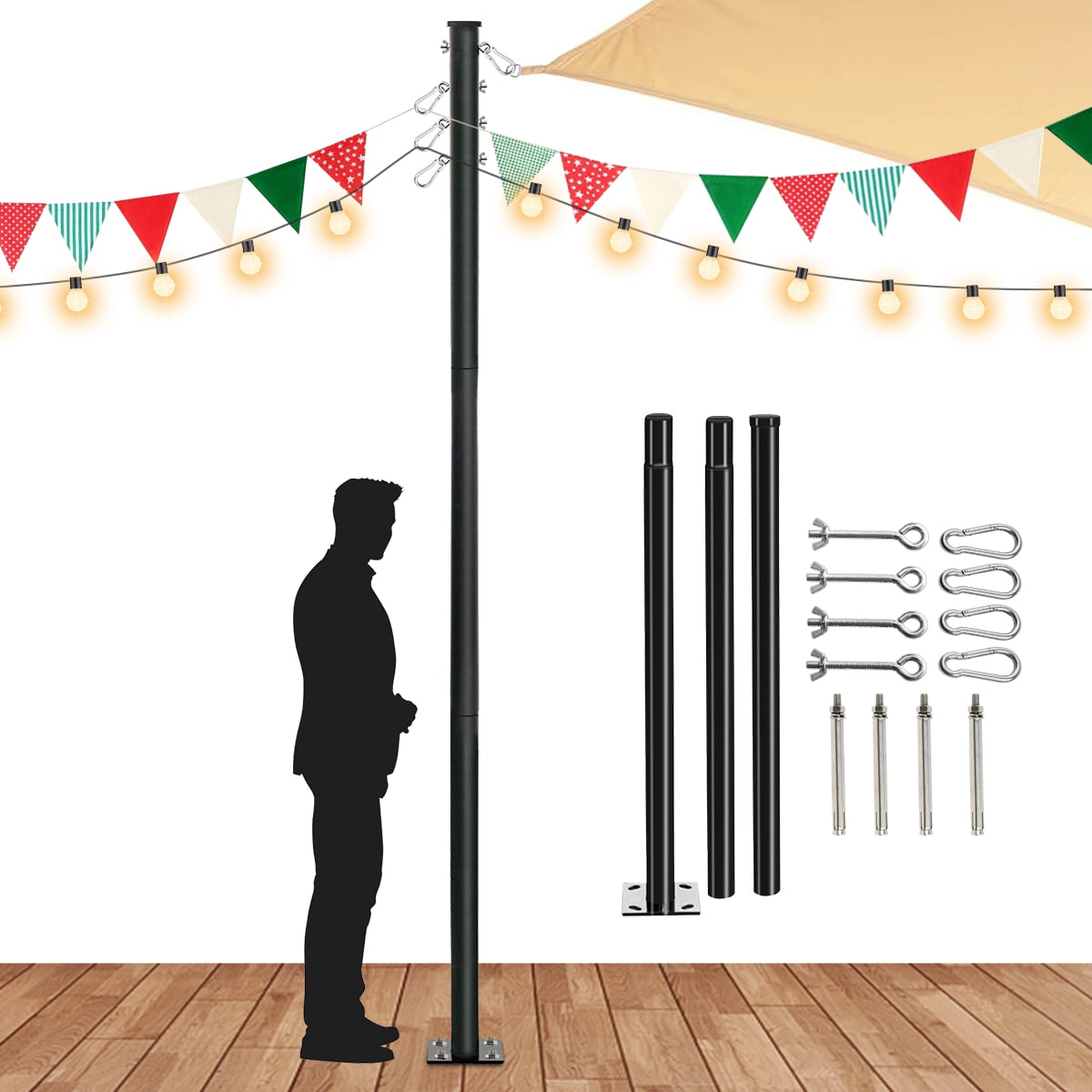 Docred 1 PACK Outdoor String Light Poles， 10FT Steel Powder Coated Sun Shade Post for Hanging String Lights， Garden， Backyard， Patio Lighting Stand for Parties， Wedding