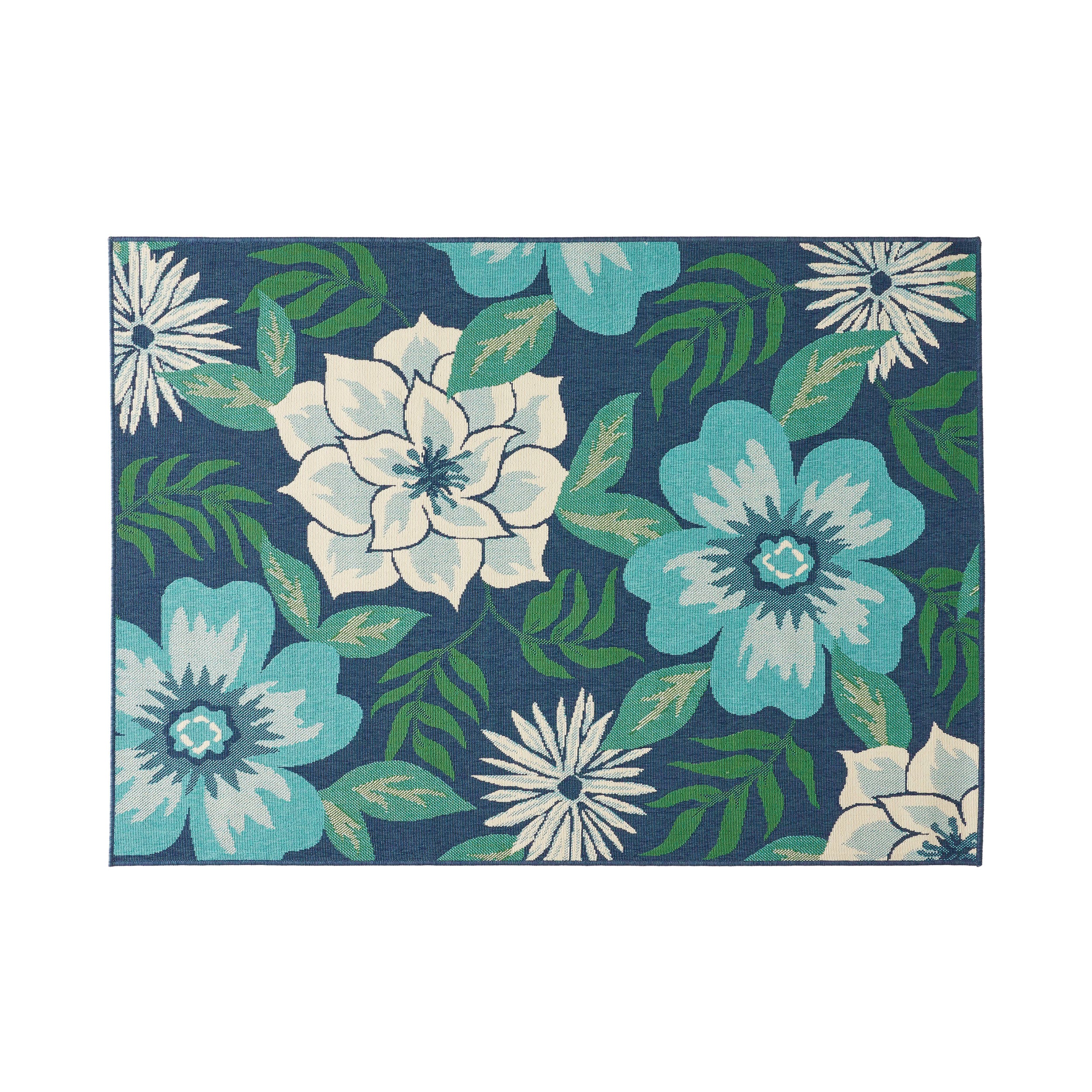 Truda Outdoor Floral Area Rug, Blue and Green