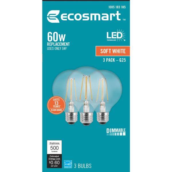 EcoSmart 60-Watt Equivalent G25 Globe Dimmable ENERGY STAR Clear Glass Filament LED Vintage Edison Light Bulb Soft White (3-Pack) FG-03392