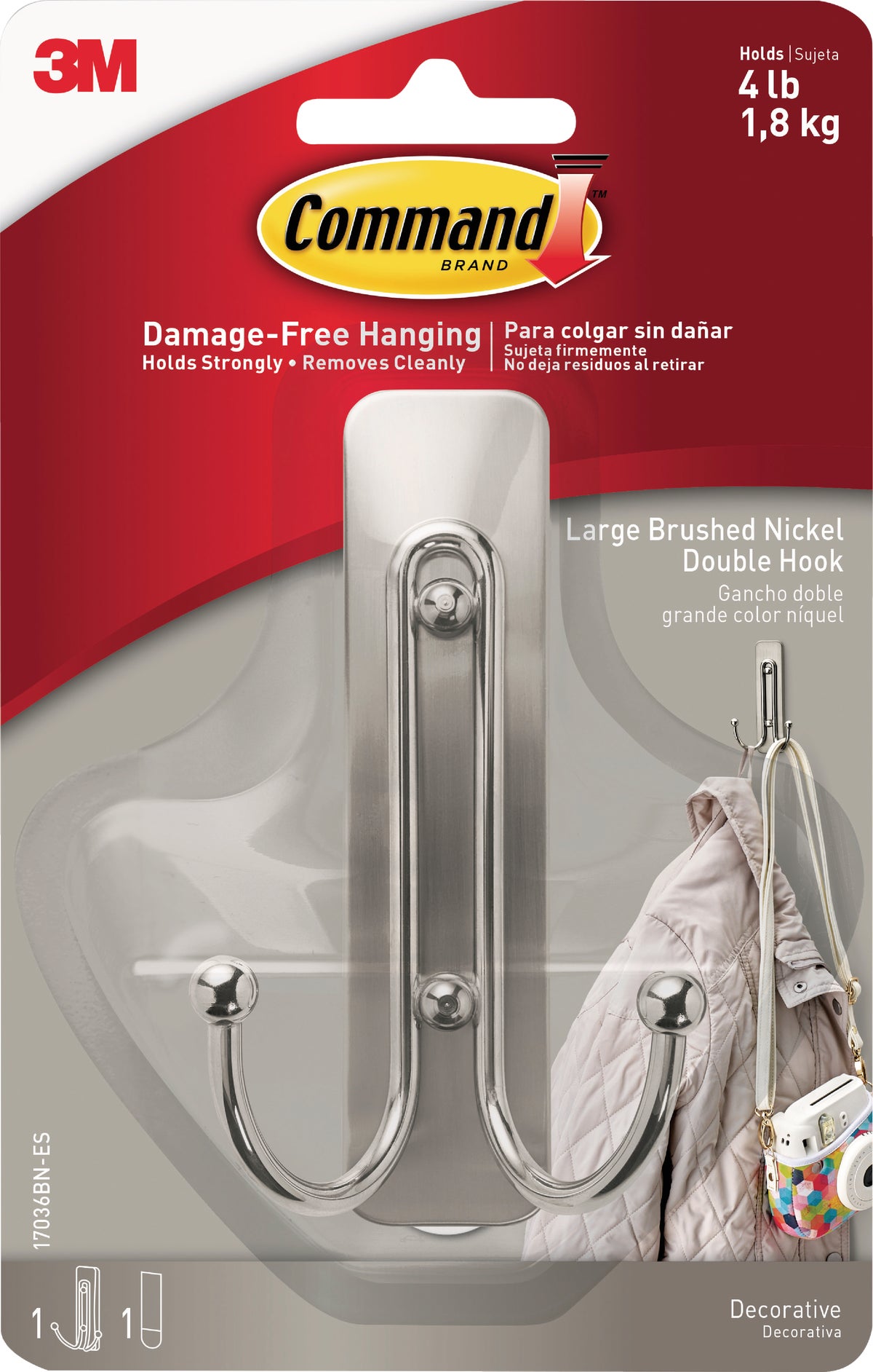 Command Double Adhesive Hook Brushed Nickel