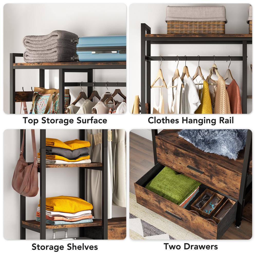 BYBLIGHT Carmalita Rustic Brown Freestanding Closet Organizer Clothes Rack with Drawers and Shelves Heavy Duty Garment Rack BB-F1546XF