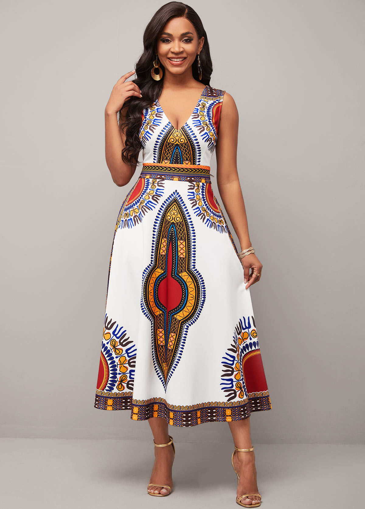 White Dashiki Print V Neck Sleeveless Dress