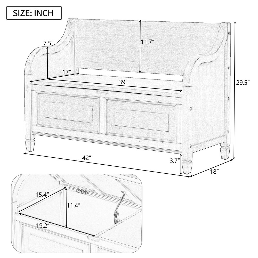 Rustic Style Solid wood Entryway Multifunctional Storage Bench Bed Bench with Safety Hinge