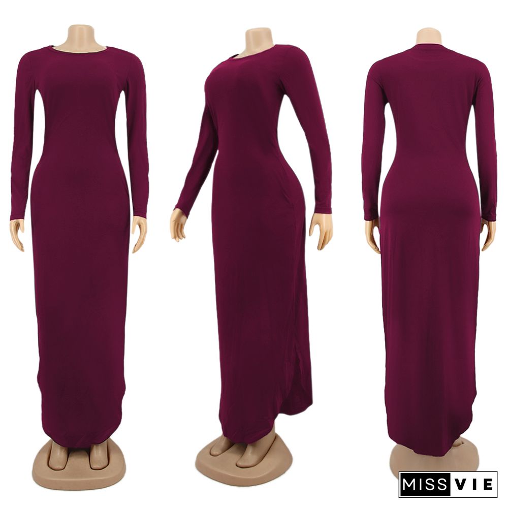 Autumn Round Neck Long-sleeved Floor-length Slit Dress