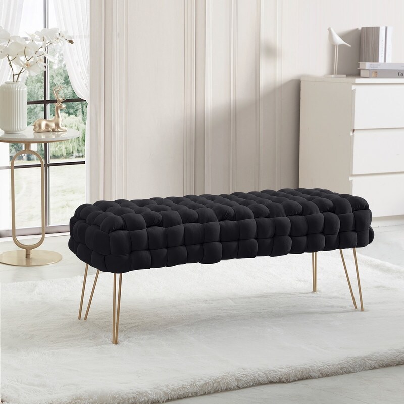 Mirage Modern Contemporary Woven Upholstered Velvet Long Bench Ottoman with Gold Metal Legs