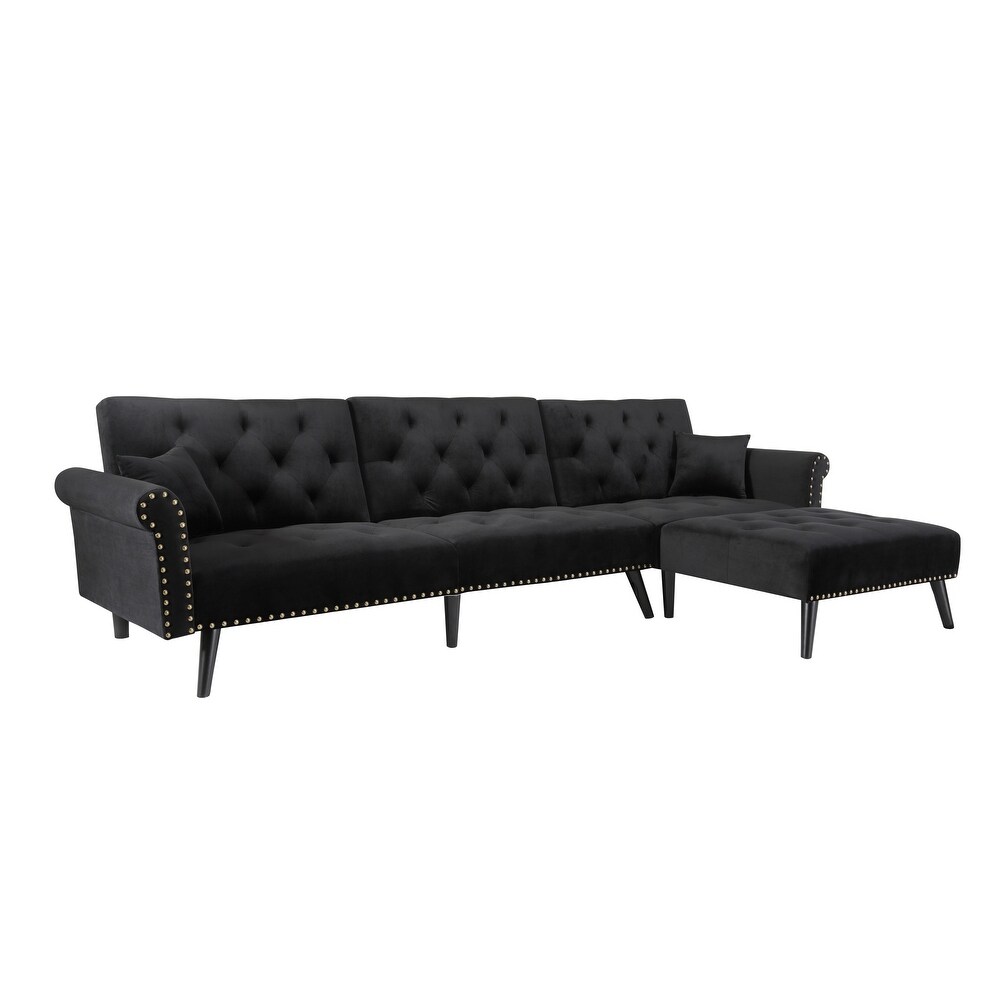 L Shape Velvet Sectional Sofa with 2 Pillows  Button Tufted Nails Convertible Sleeper