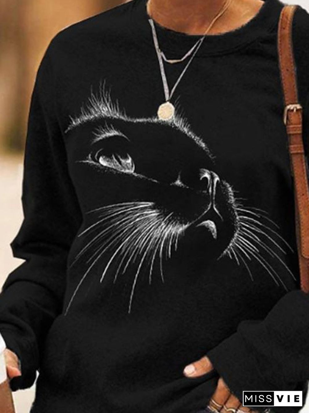 Women'S T-Shirts Casual Cat Print Long Sleeve T-Shirt