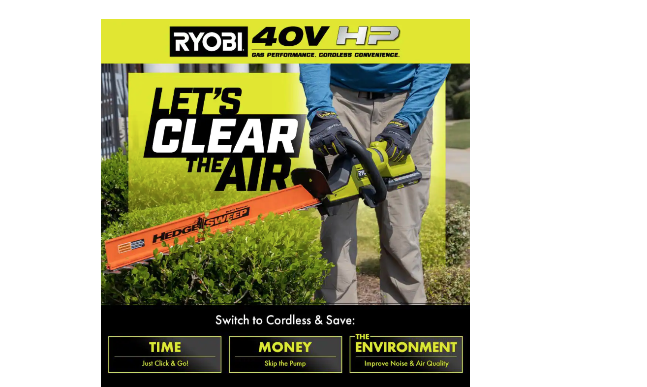 RYOBI RY40640VNM 40V HP Brushless 26 in. Cordless Battery Hedge Trimmer with 2.0 Ah Battery and Charger