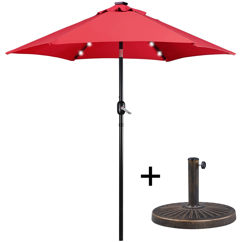 Topeakmart 7.5ft LED Patio Market Umbrella with 18 LED Solar Lights + 26.5lb 18'' Patio Umbrella Base, Red