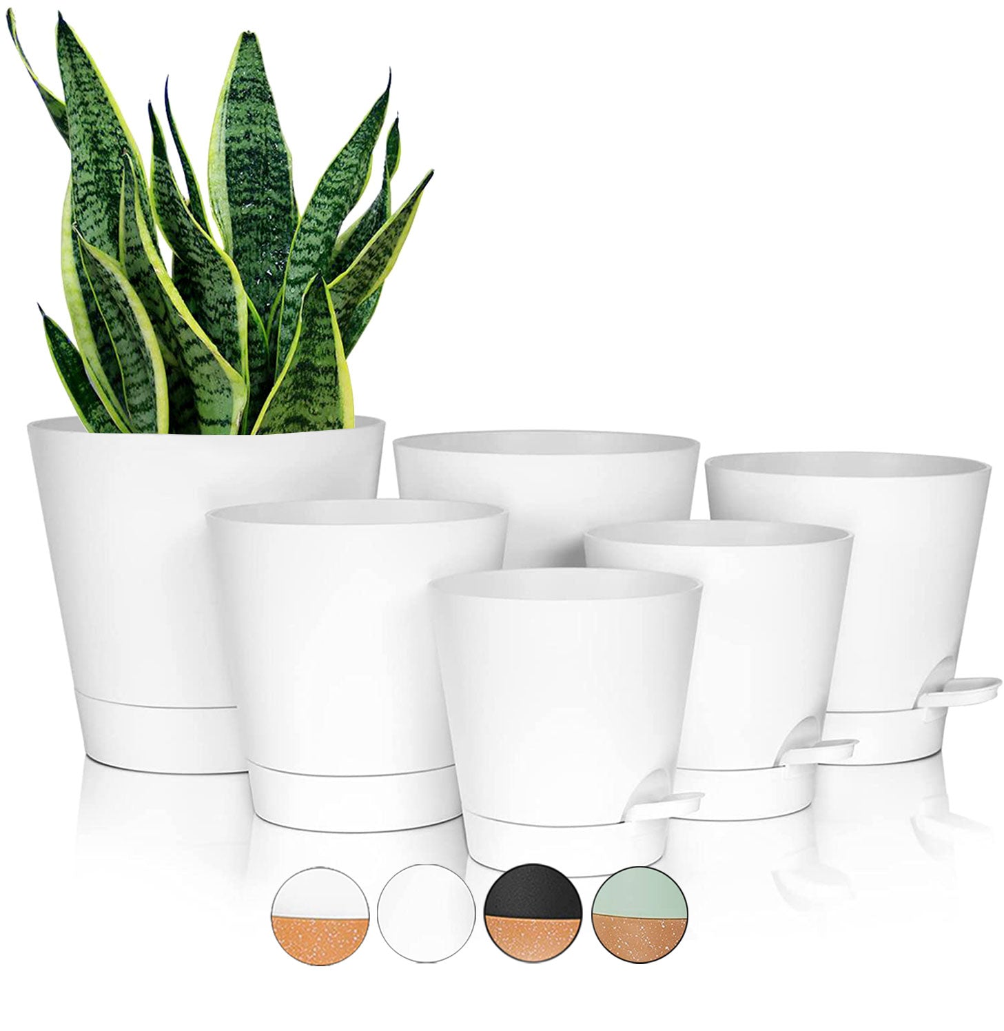 Simlim 6 Pack Indoor Self Watering Plant Pots 5/5.5/6/6.5/7/8 inch Planter Pot with Drainage Holes and Reservoir for Indoor Outdoor Flowers Plants White