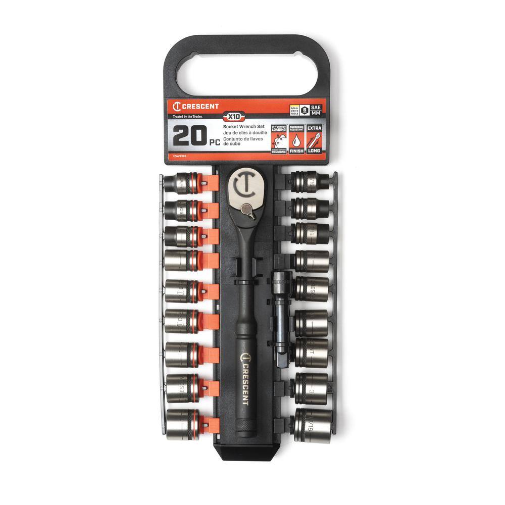 Crescent X10 38 in. Drive 6-Point Standard SAEMetric Ratchet and Socket Set (20-Piece) CSWS38B